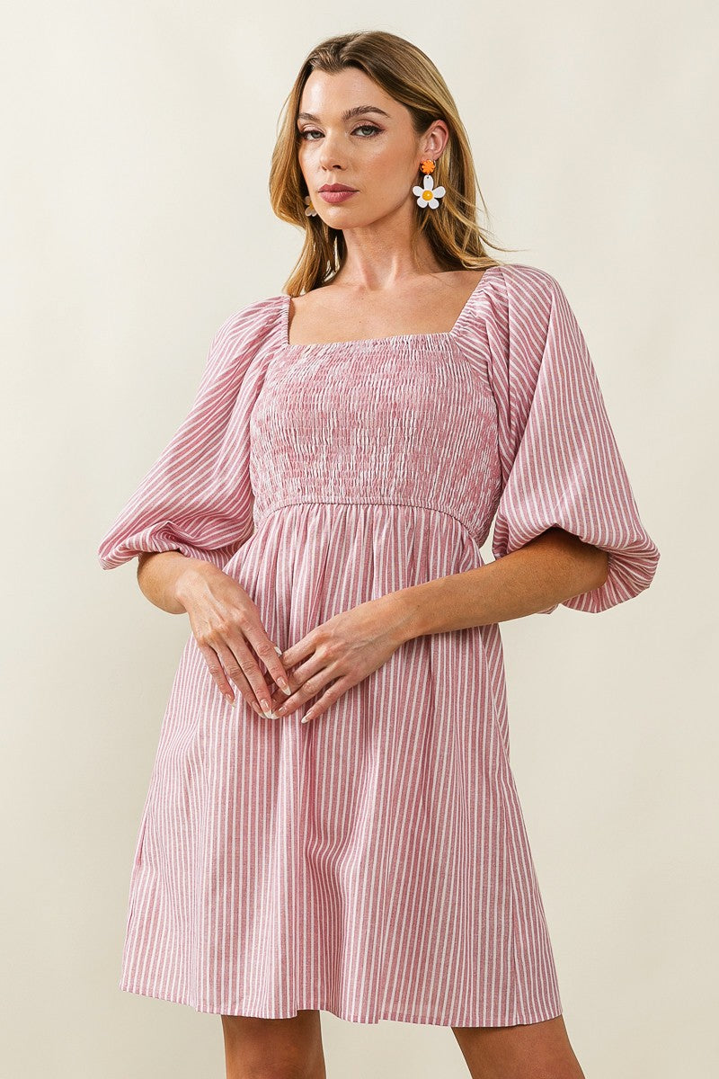 Square Neck Smocked Stripe Dress Blush