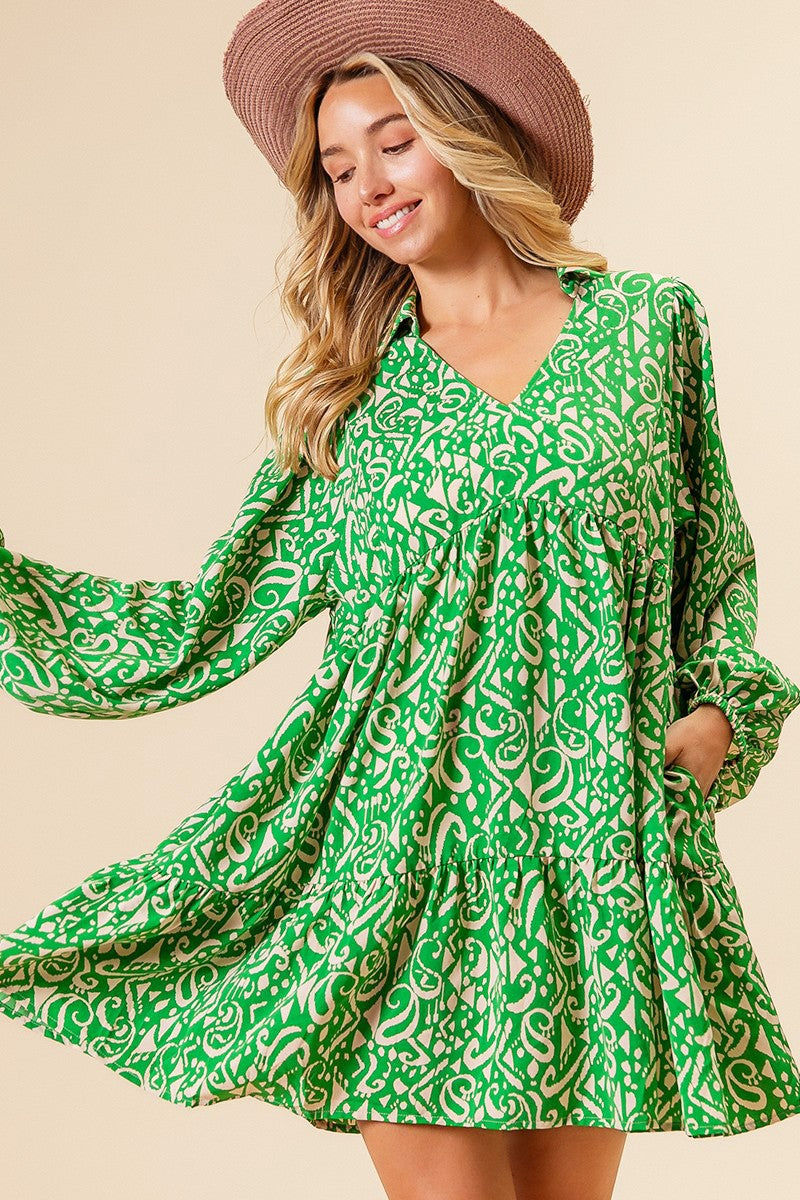 Woven Printed Dress w/Pocket Green/Cream