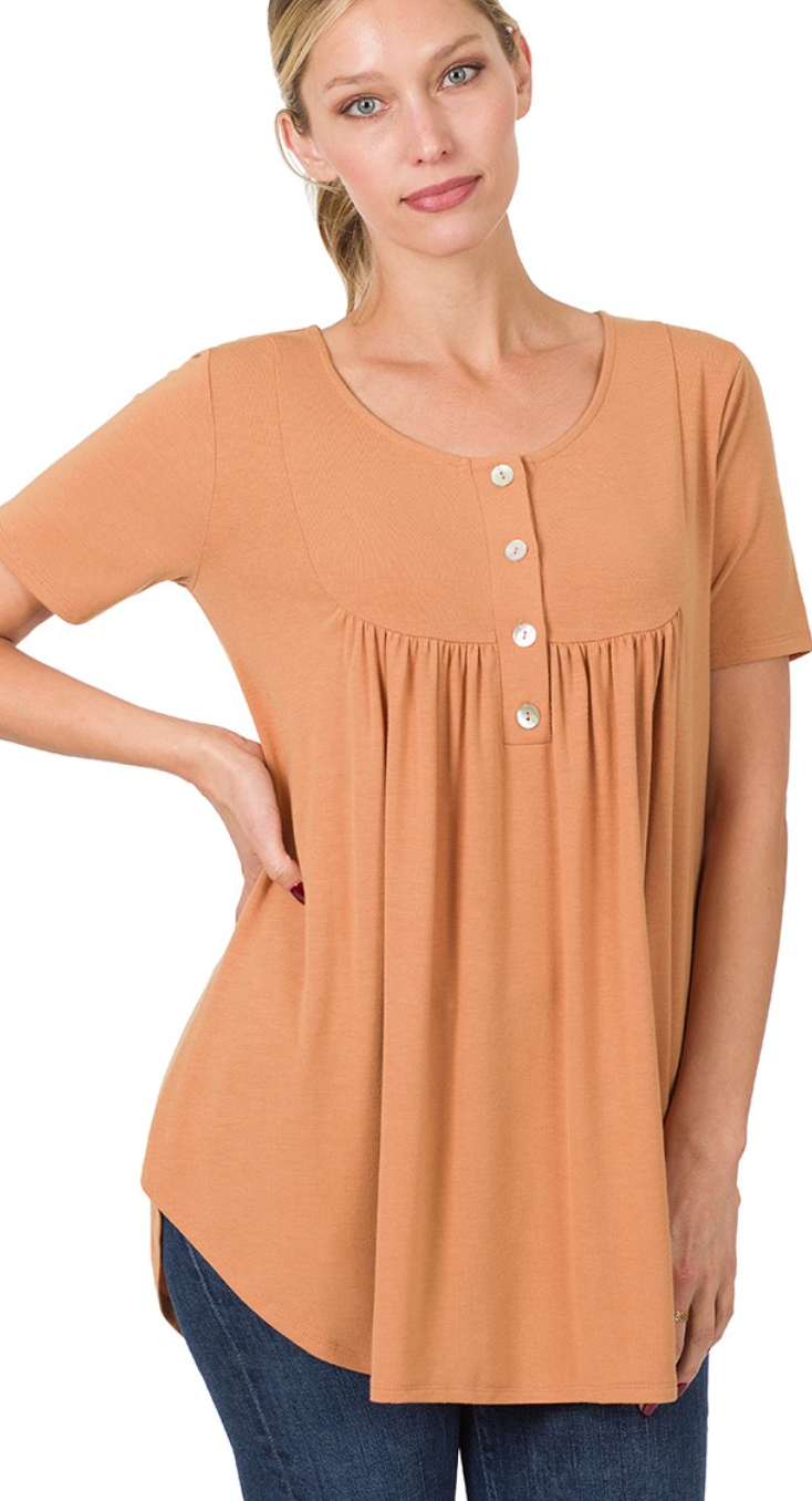 Short Sleeve Dolphin Hem Shell Button Top Butter Orange