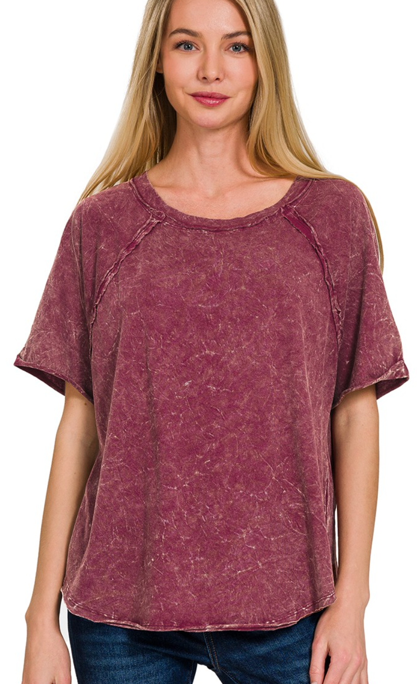 Back Patch Crinkle Washed Raglan Sleeve Shirt Cabernet
