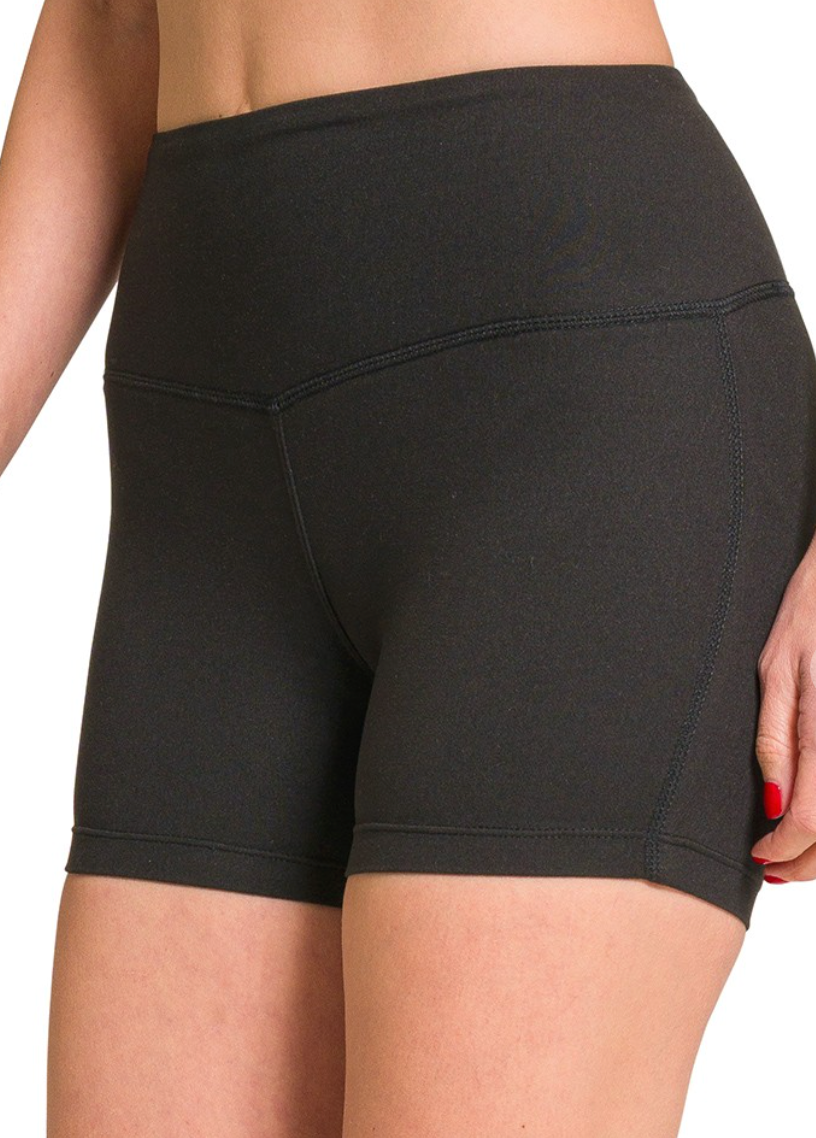 Brushed Microfiber Wide Waistband Black Biker Shorts