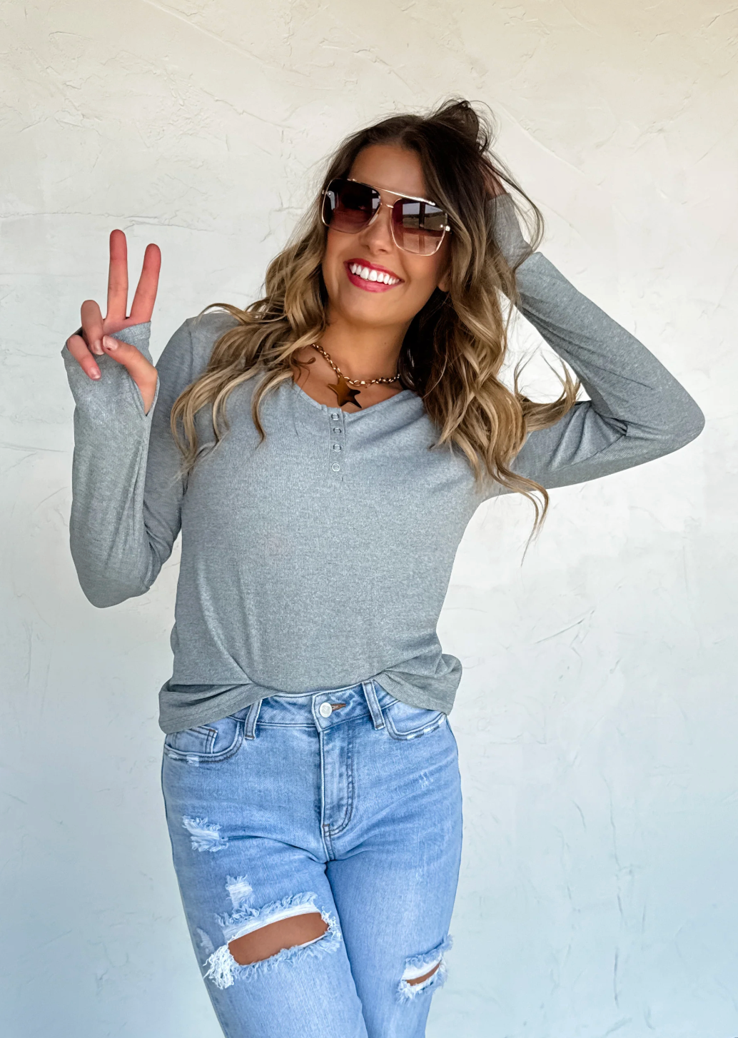 Brooklyn Snap Henley Top - Heather Grey