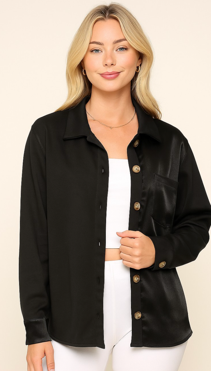 Contrast Satin Button Up Jacket Black