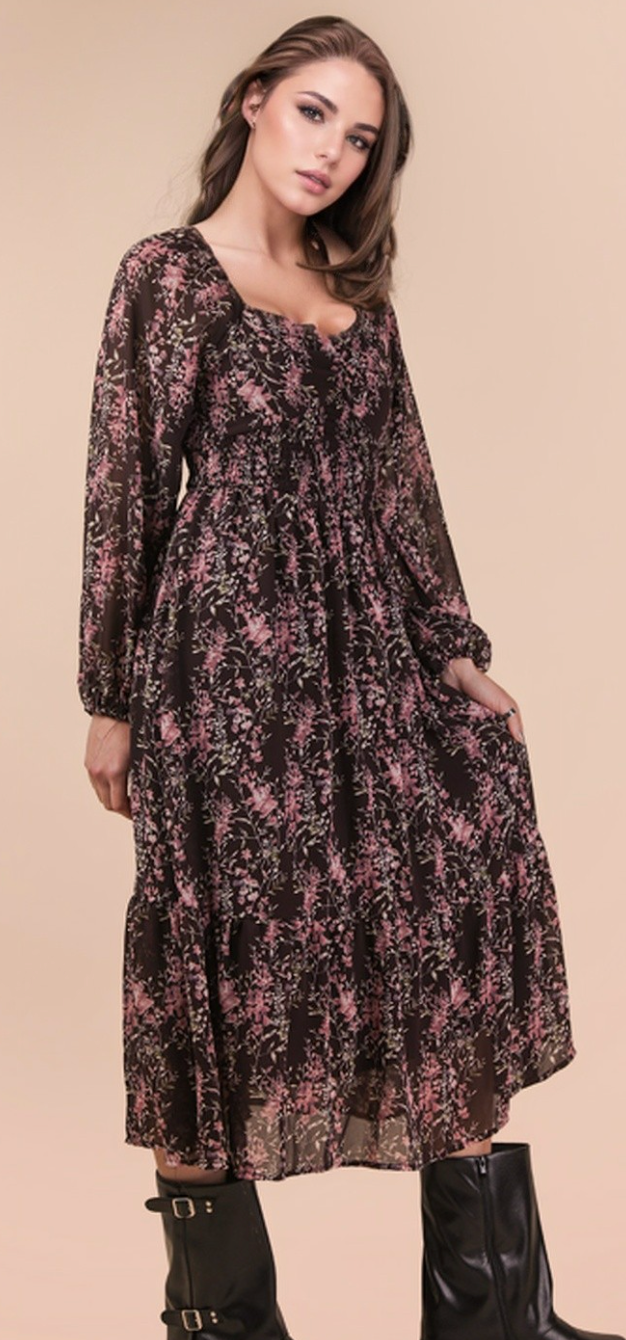 Floral Printed Smocking Torso Midi Dress Burgundy