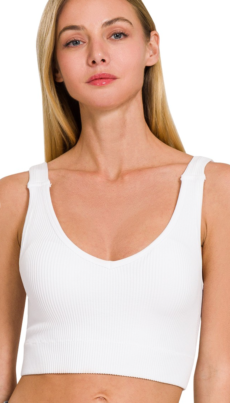 Seamless Ribbed Cropped Bra Padded V Neck Tank Top