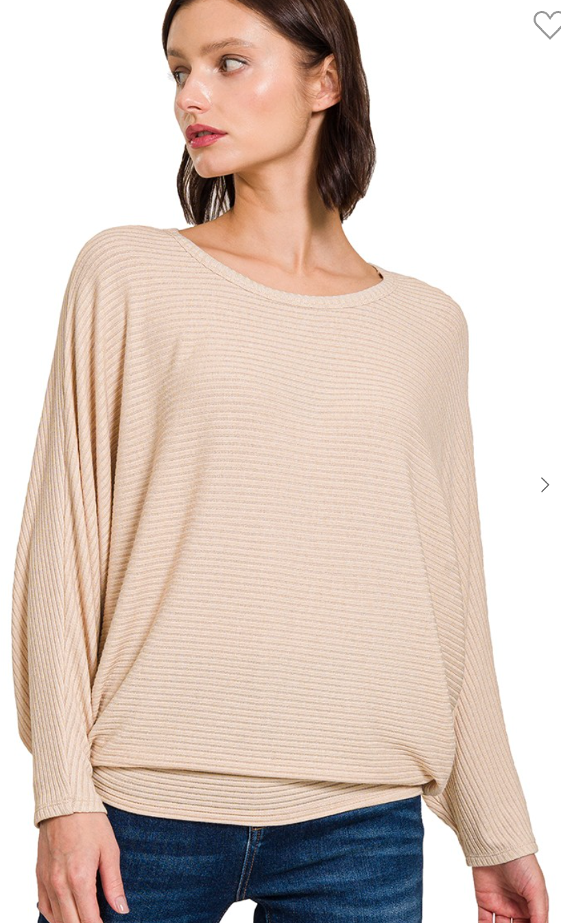 Ribbed Batwing Long Sleeve Boat Neck Sweater