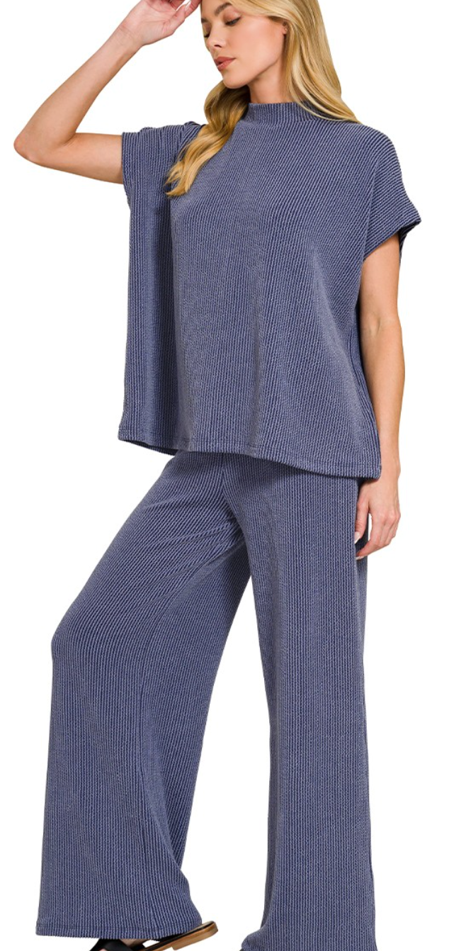 Raised Rib Short Sleeve Tee & Pants Set Navy