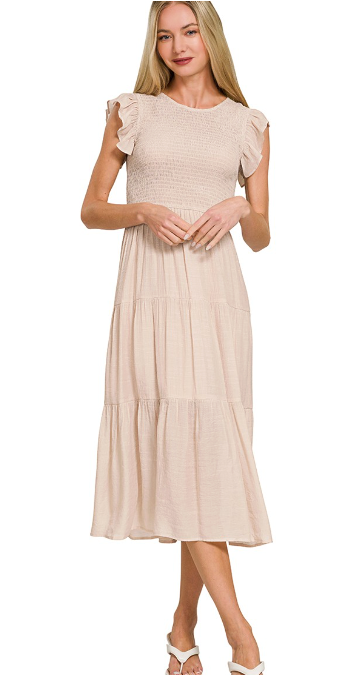 Woven Smocked Ruffle Sleeve Midi Dress