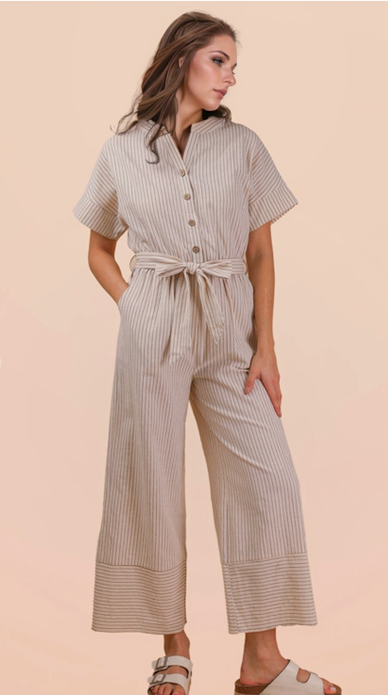 Half Button Dow Stripe Linen Woven Jumpsuit Oatmeal