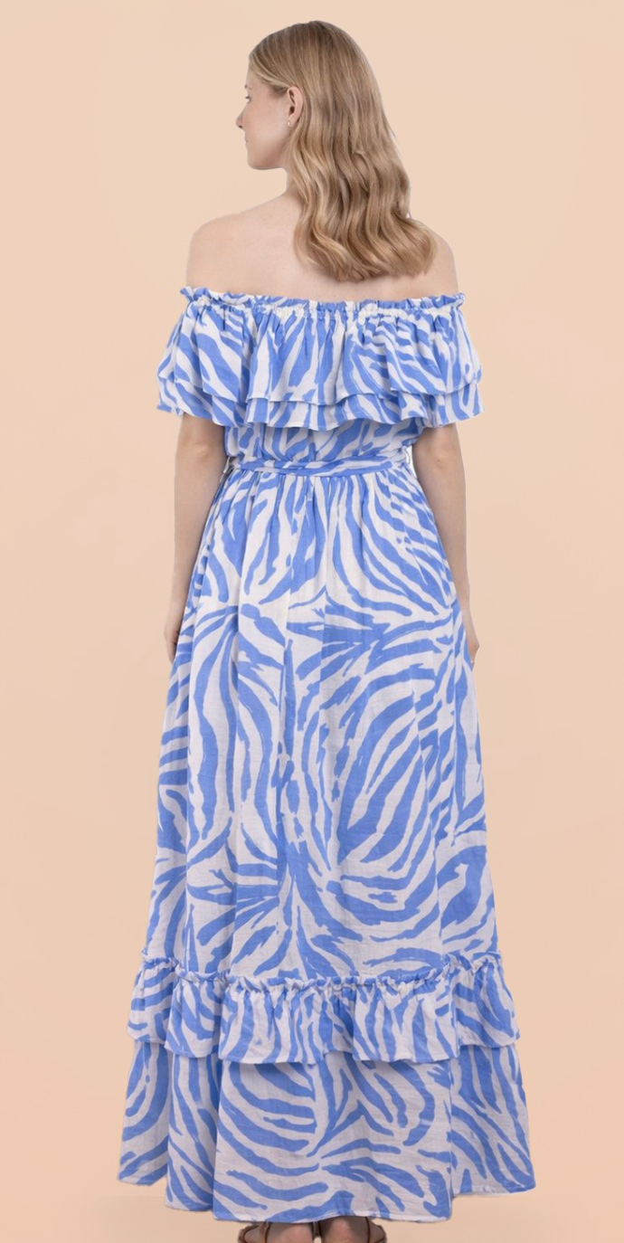 Zebra Printed Off Shoulder Max Resort Dress Blue Mix