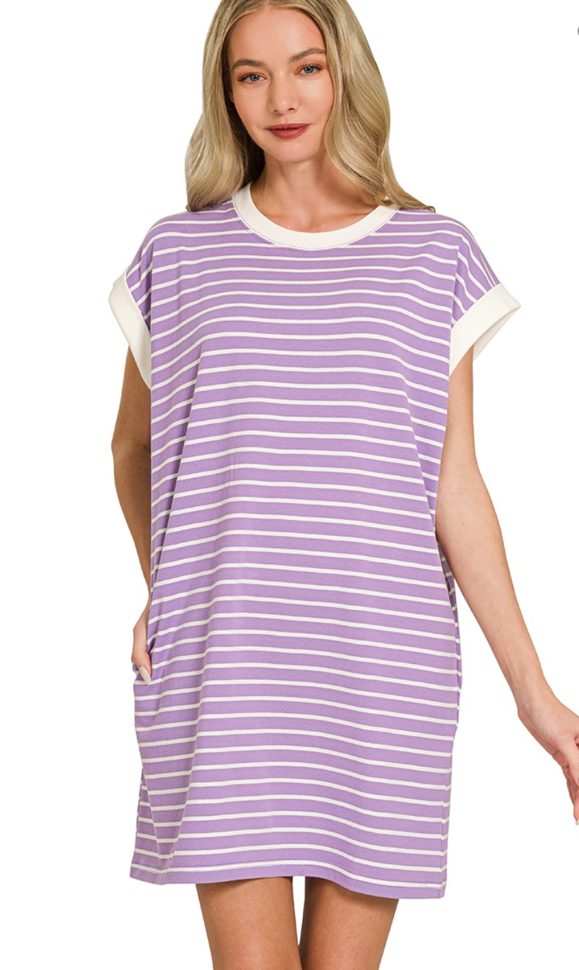 Contrast Trim Striped T Shirt Dress