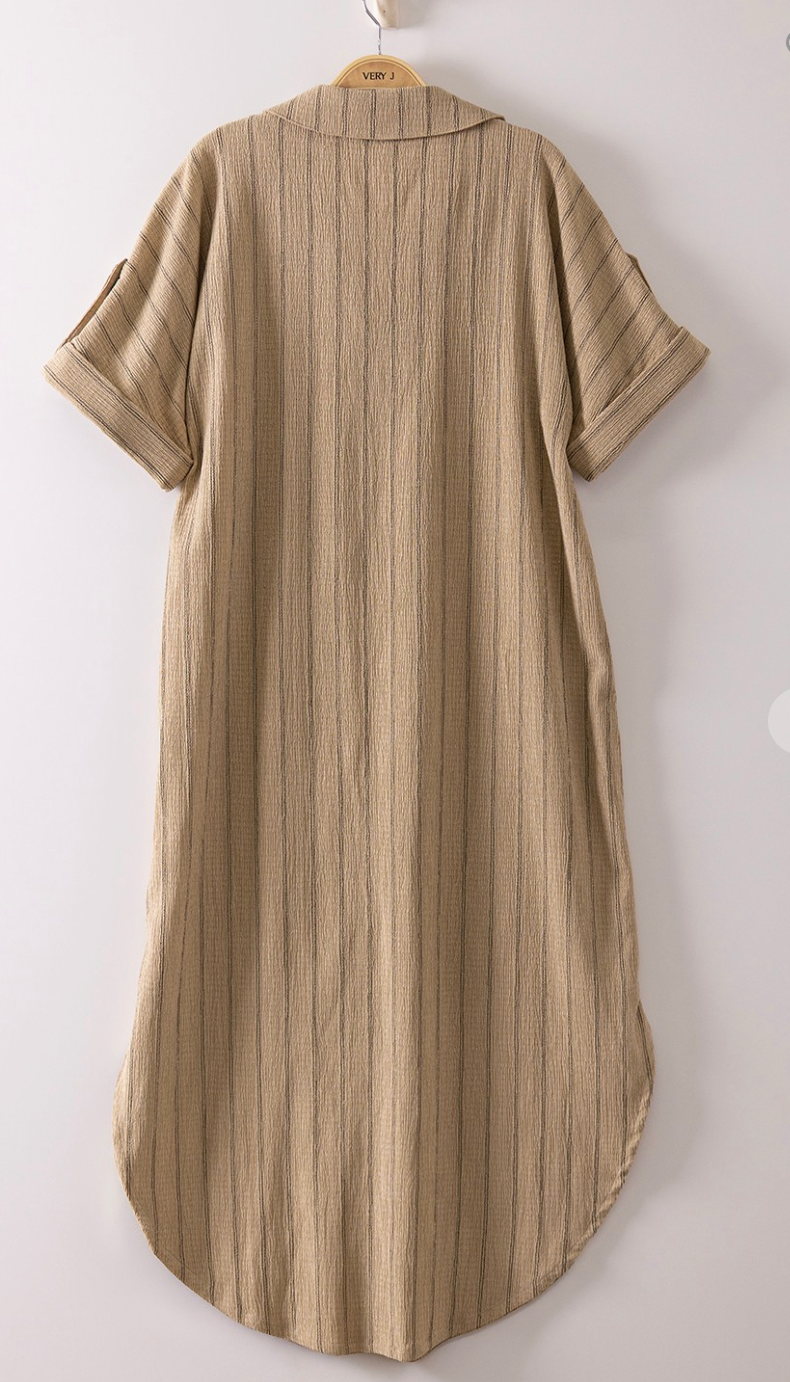 Striped Linen Midi Button Down Shirt Dress Taupe