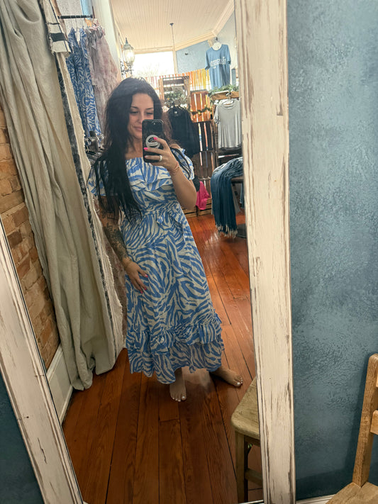 Zebra Printed Off Shoulder Max Resort Dress Blue Mix