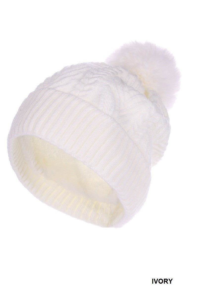 WARM WOVEN KNITTED LINED POM BEANIE