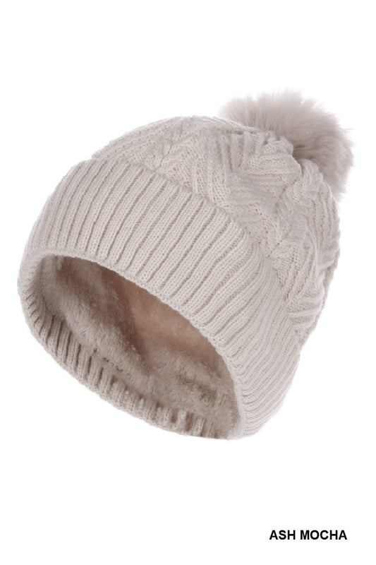 WARM WOVEN KNITTED LINED POM BEANIE