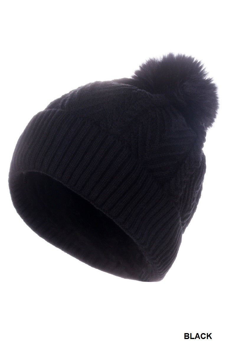 WARM WOVEN KNITTED LINED POM BEANIE