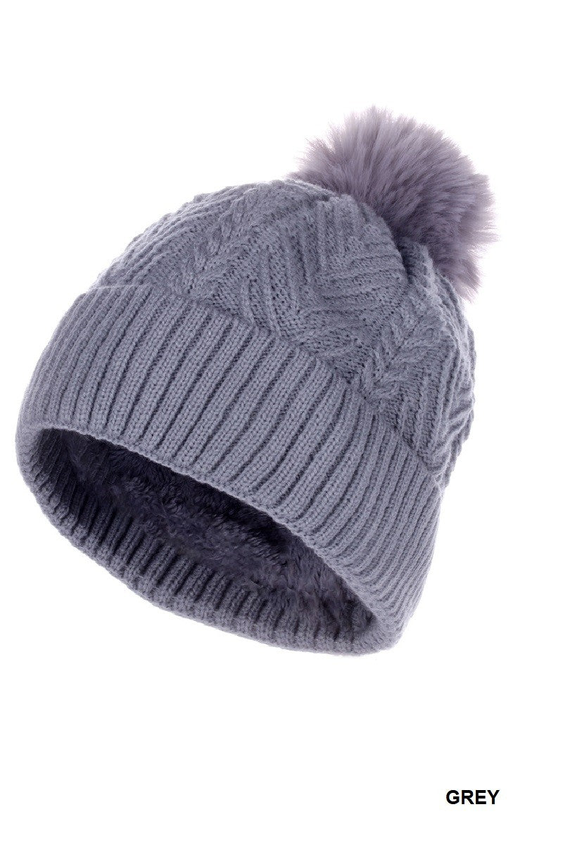 WARM WOVEN KNITTED LINED POM BEANIE