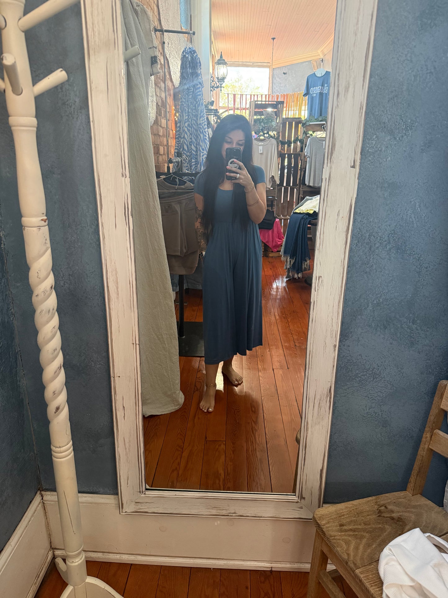 Double Layered Short Sleeve Jumpsuit Dusty Blue