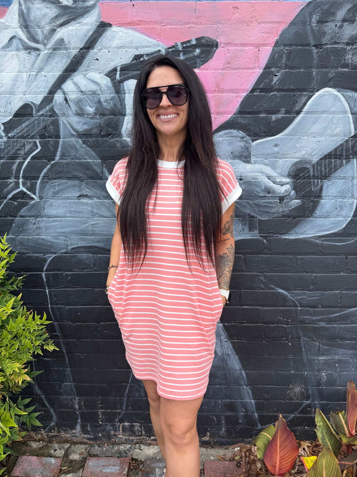 Contrast Trim Striped T Shirt Dress