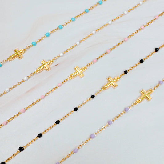 Dainty Color Dots Chain Cross Bracelet