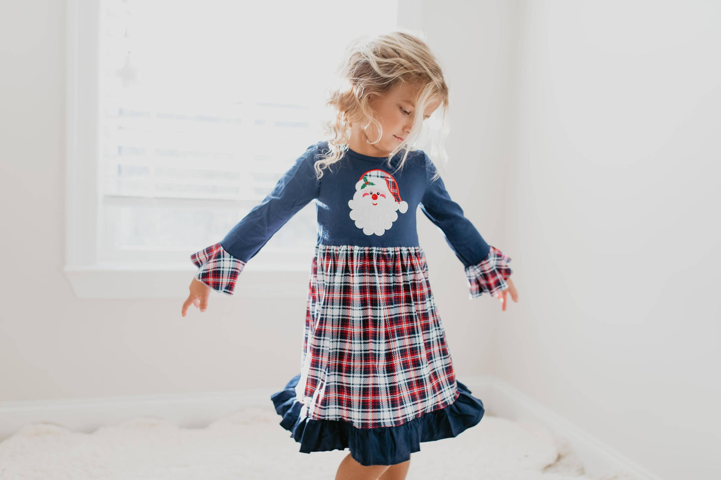 Kids Santa Plaid Long Sleeve Twirl Ruffle Holiday Dress