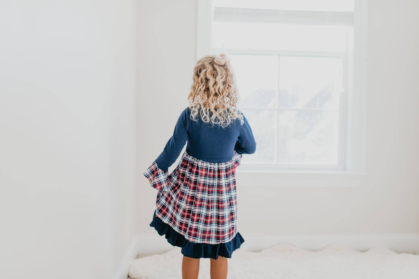 Kids Santa Plaid Long Sleeve Twirl Ruffle Holiday Dress