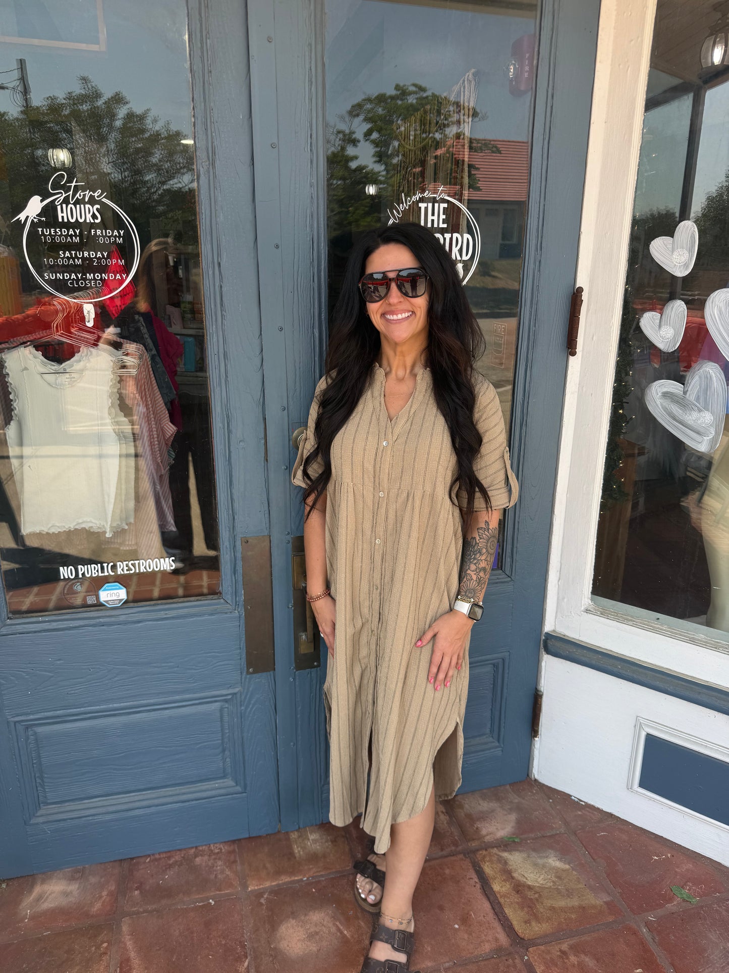 Striped Linen Midi Button Down Shirt Dress Taupe