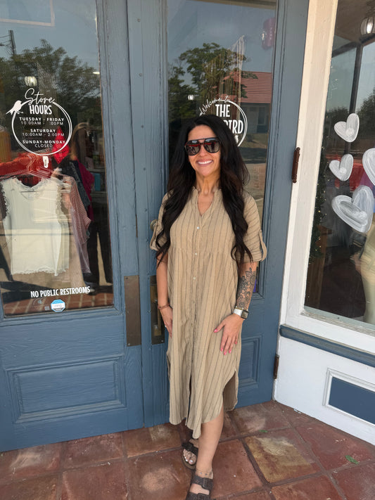 Striped Linen Midi Button Down Shirt Dress Taupe