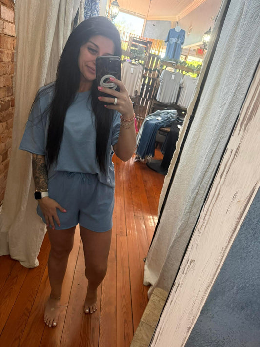 Mineral Washed Knit Casual Top & Shorts Set Denim