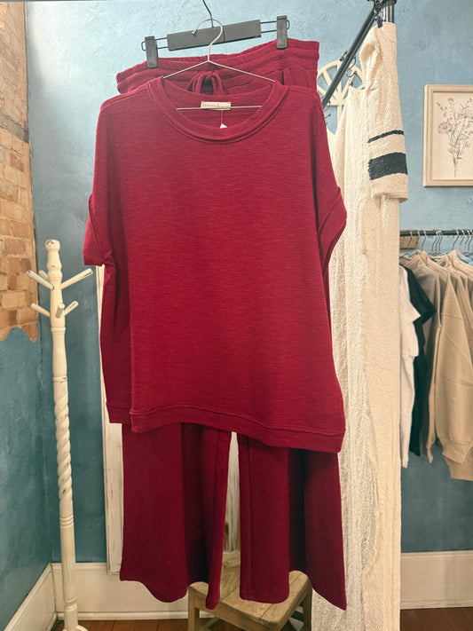 Slub Short Sleeve Tee & Long Pants Set Cabernet