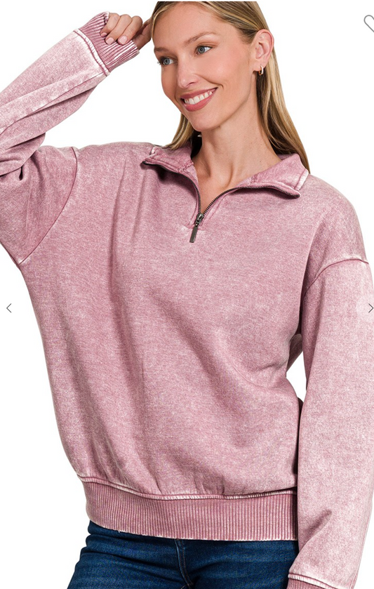 Acid Wash Fleece Half Zip Pullover Lt Rose