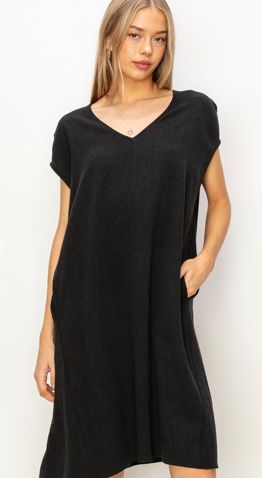 V Neck Oversized Linen Midi Dress