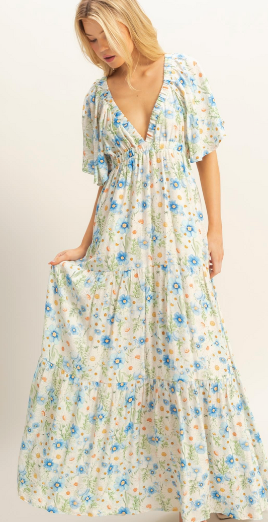 V Neck Flowy Tiered Maxi Dress Floral