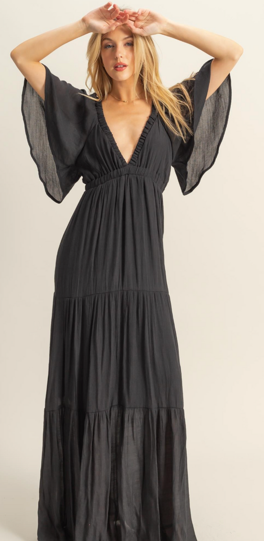 V Neck Flowy Sleeves Tiered Maxi Dress