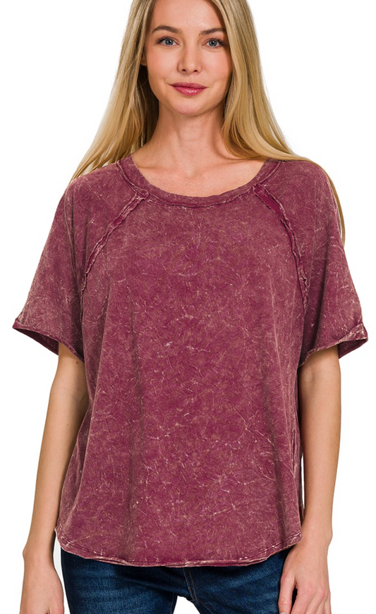 Back Patch Crinkle Washed Raglan Sleeve Shirt Cabernet
