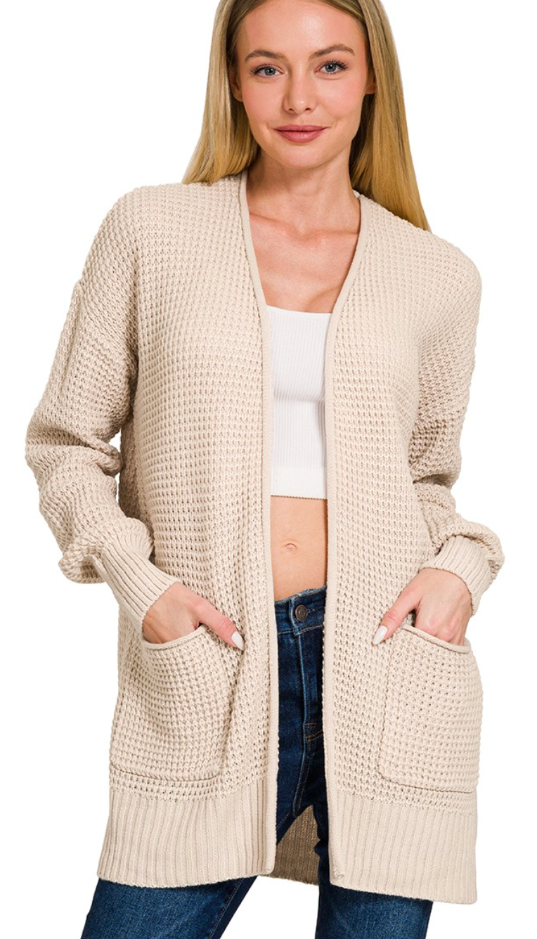 Low Gauge Waffle Open Cardigan Sweater - Sand Beige