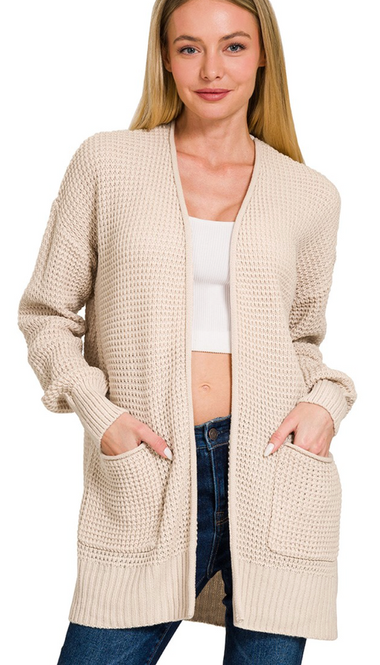 Low Gauge Waffle Open Cardigan Sweater - Sand Beige