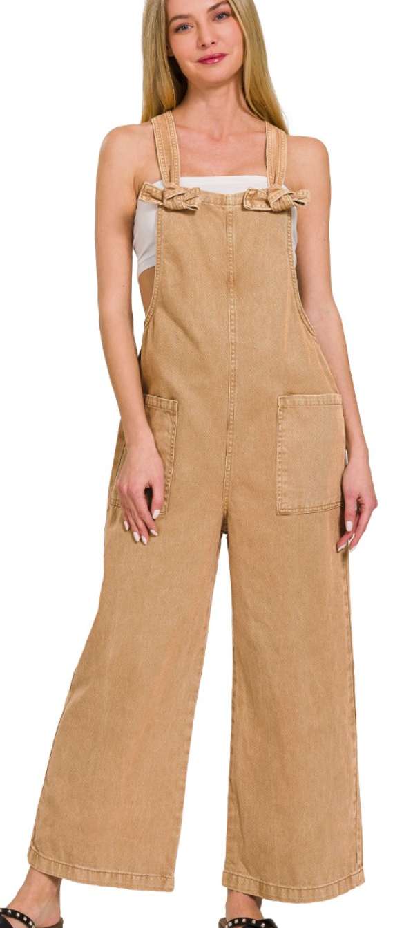 Washed Knot Strap Pocket Jumpsuit  - Brush