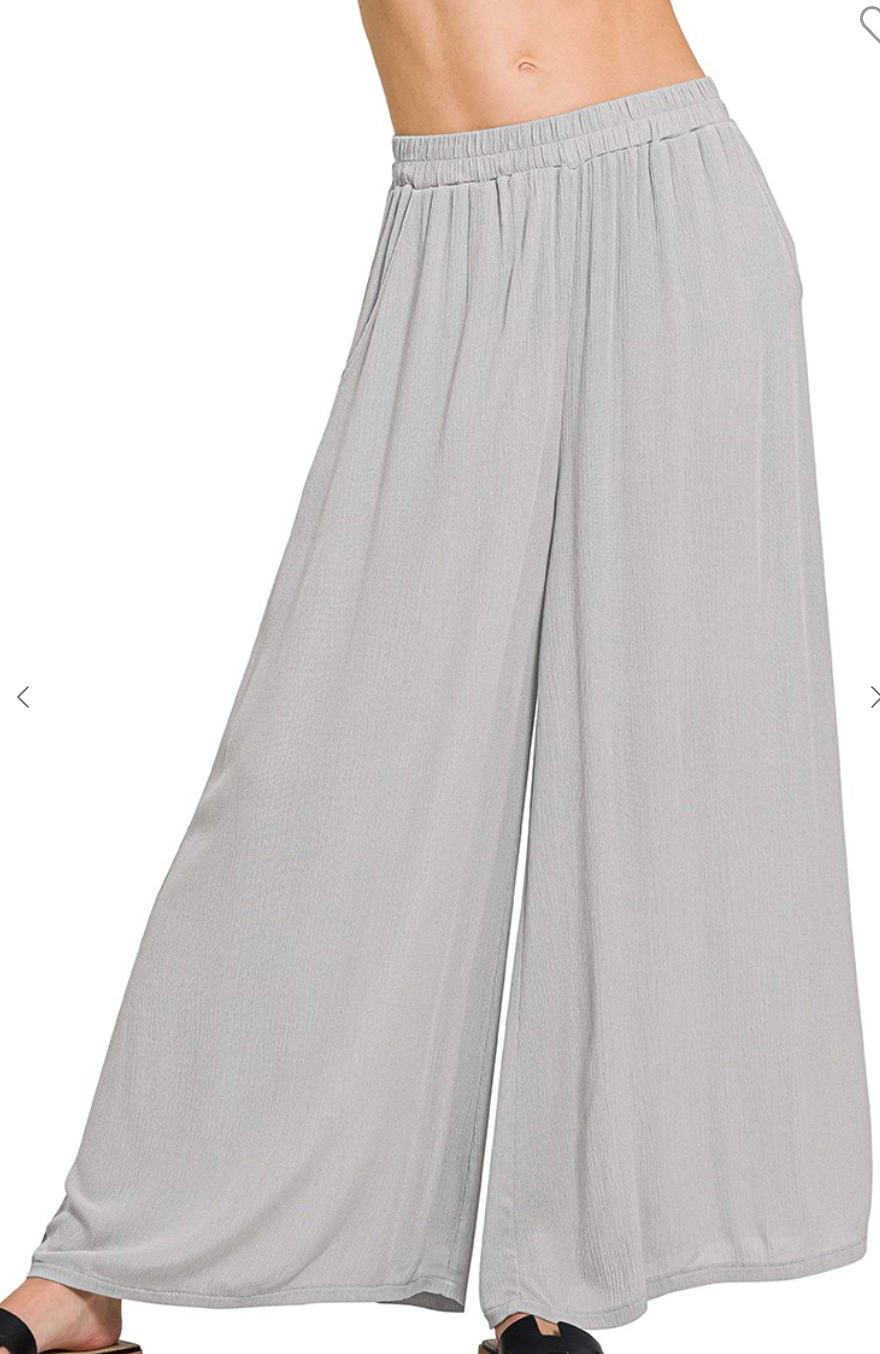 Woven Crinkle Wide Pants w/Pockets - Lt Grey