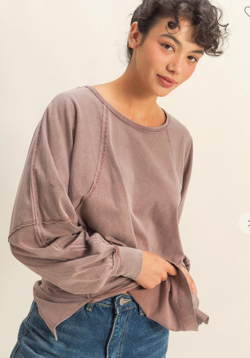 Washed Oversized Long Sleeve Top w/Silt