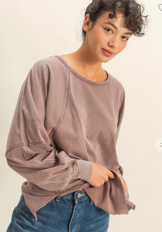 Washed Oversized Long Sleeve Top w/Silt