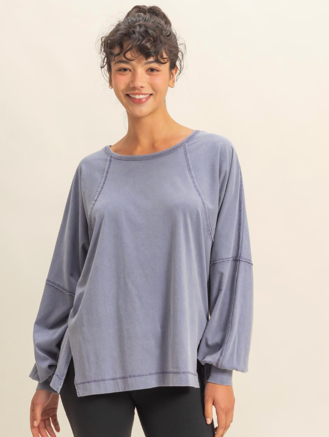 Washed Oversized Long Sleeve Top w/Silt