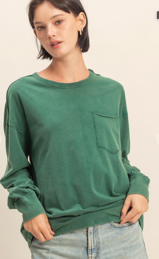 Oversized Washed Long Sleeve Pocket Tee - Dark Green