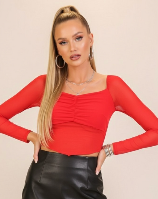 Mesh Long Sleeve Top Red
