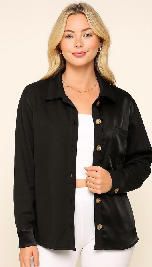 Contrast Satin Button Up Jacket Black