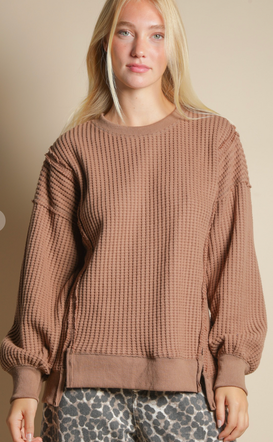 Oversized Waffle Knit Casual Top Mocha