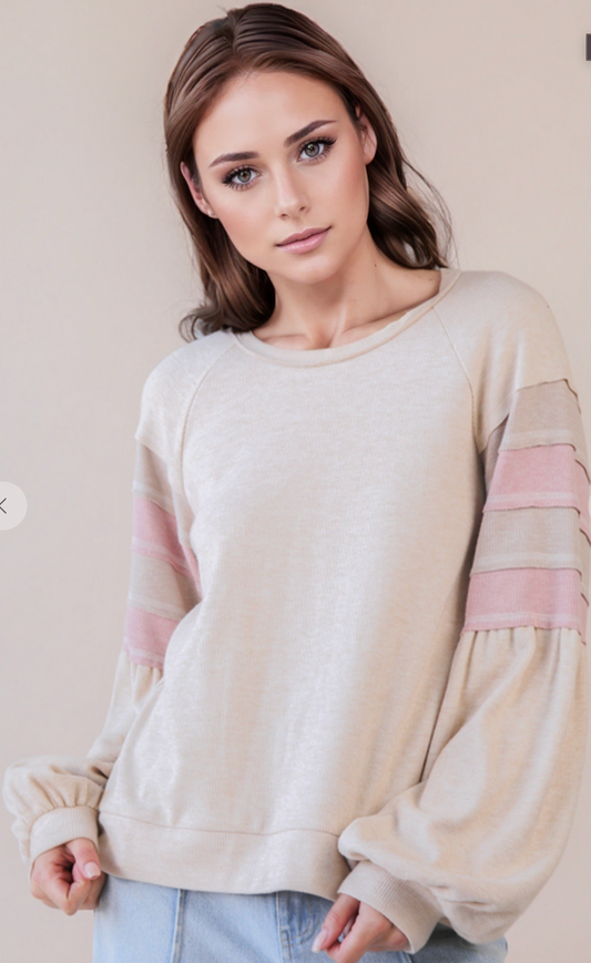 Overiszed Color Block Comfy Casual Knit Top Oatmeal