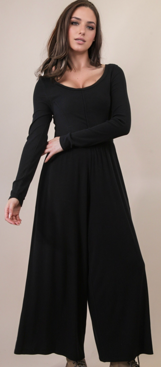 Wide Leg Solid Knit Casual Jumpsuit Black