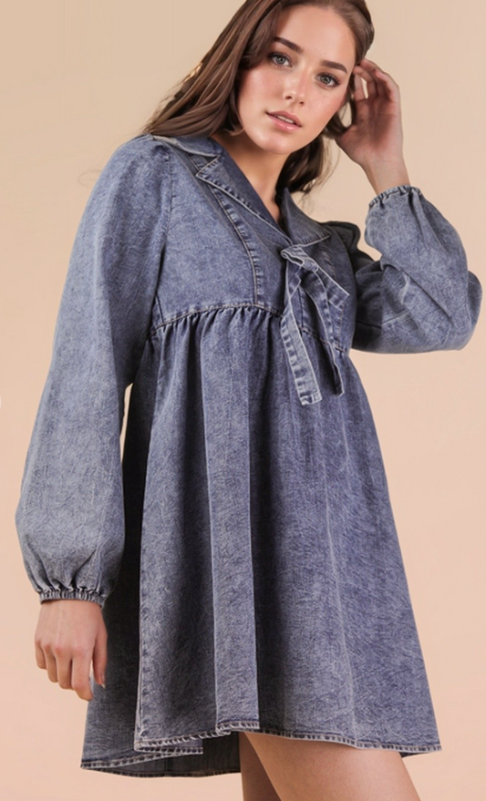 Washed Chambray Collared Mini Dress Indigo