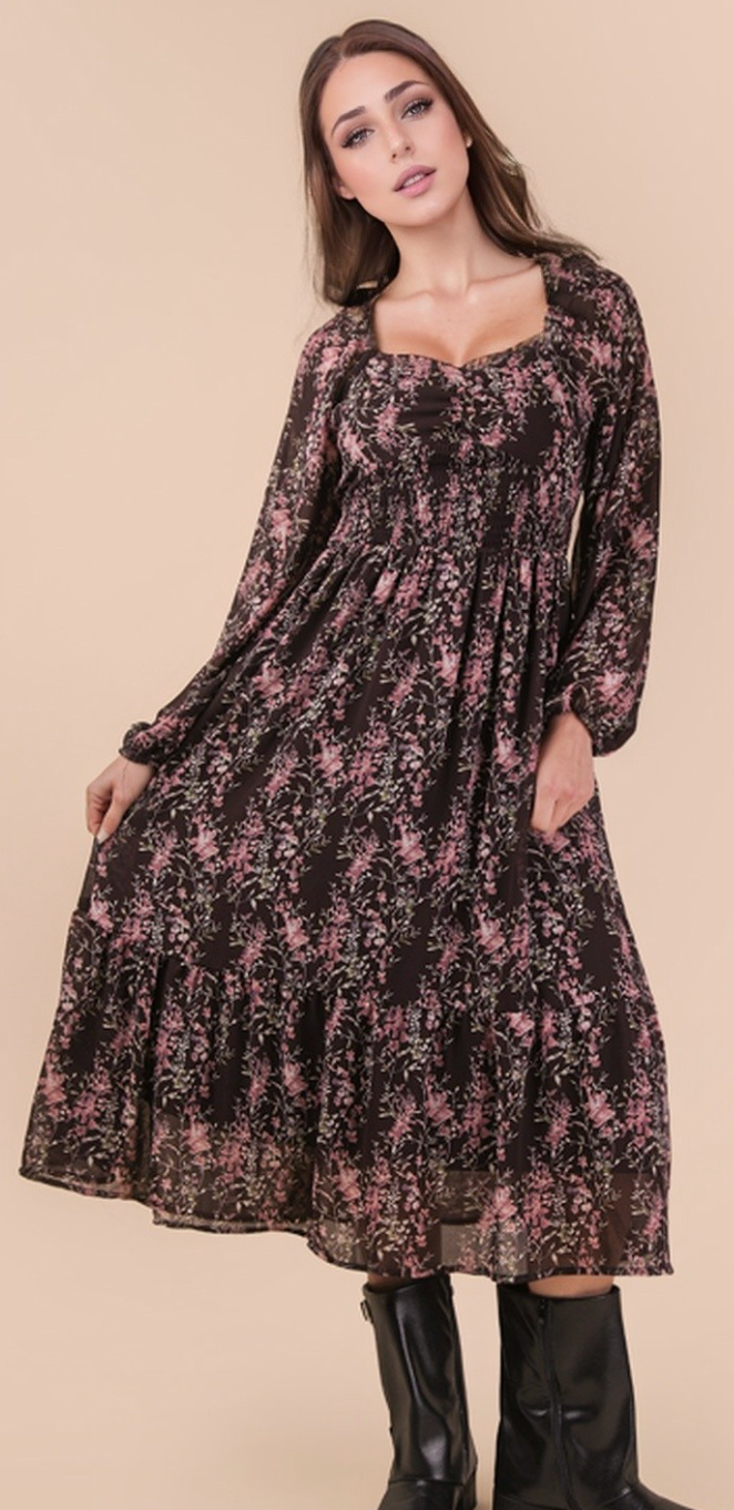Floral Printed Smocking Torso Midi Dress Burgundy